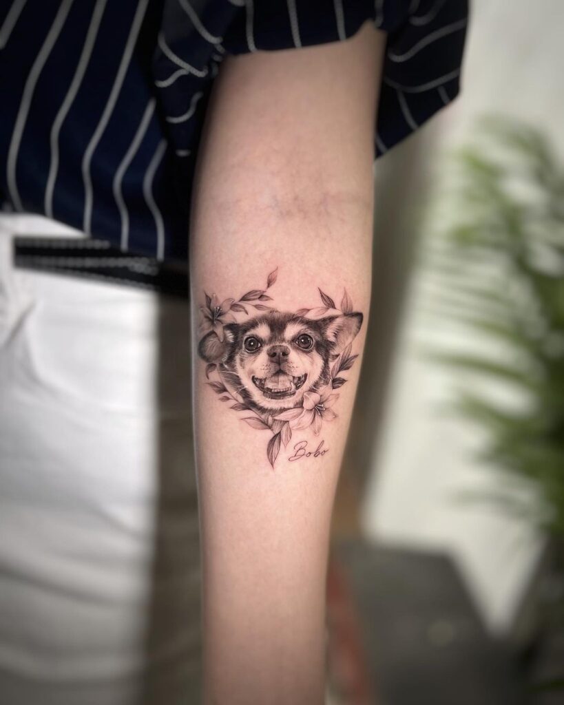 Dog puppy portraits with flowers below the elbow puppy love blooms