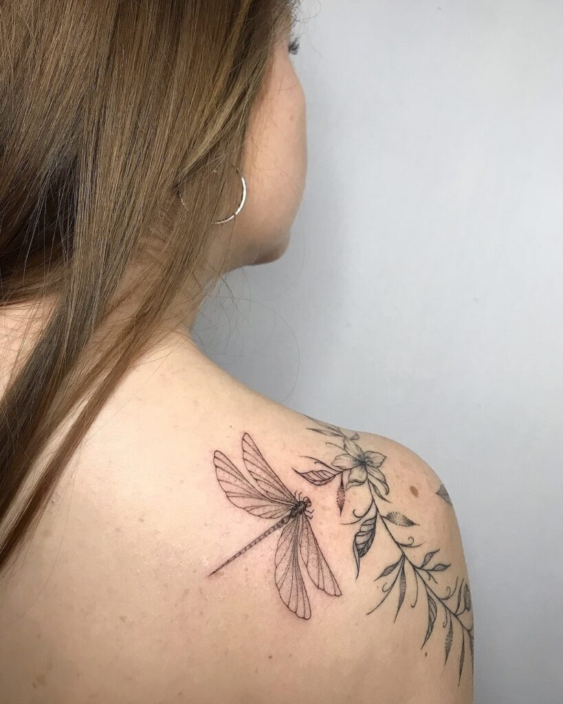 Dragonfly and Floral Tattoo on Shoulder Beautiful Nature Tattoo for Women