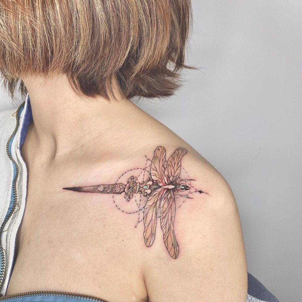 Dragonfly and Sword Tattoo on Shoulder Powerful Symbol of Strength