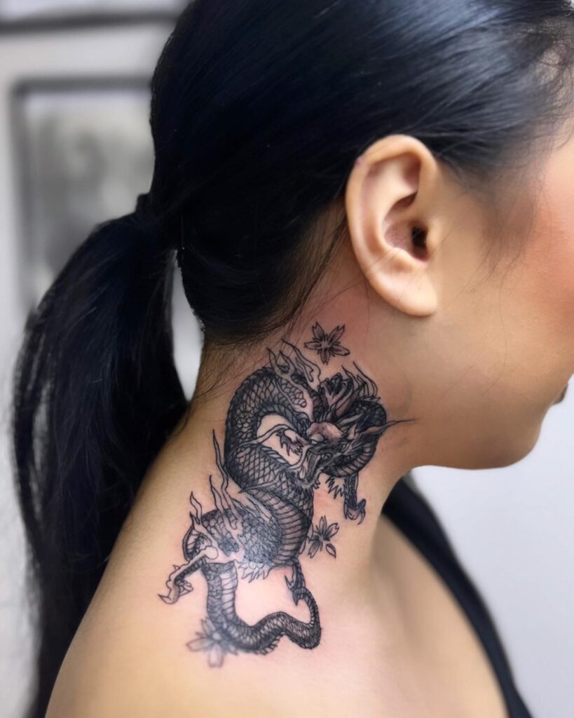 Dragons elegance neck tattoo featuring a graceful female dragon