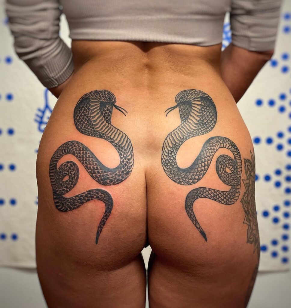 Dual Headed Cobras on Both Buttocks, Black and Grey: Symmetrical Power