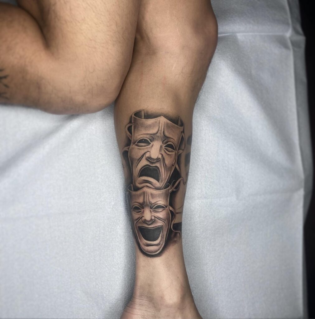 Dual Laugh Now, Cry Later Masks in Black and Gray Realism: Side Calf Drama 