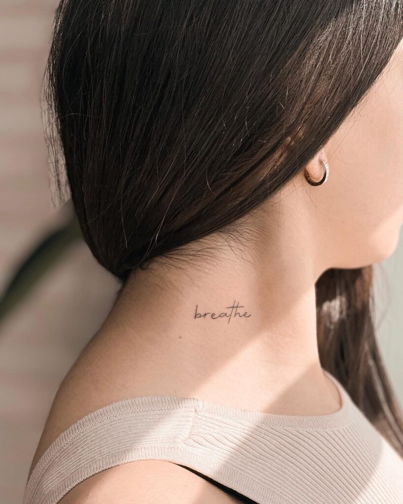 Elegant 'Breathe' Fineline Lettering on the Side of the Neck: Breath of Life