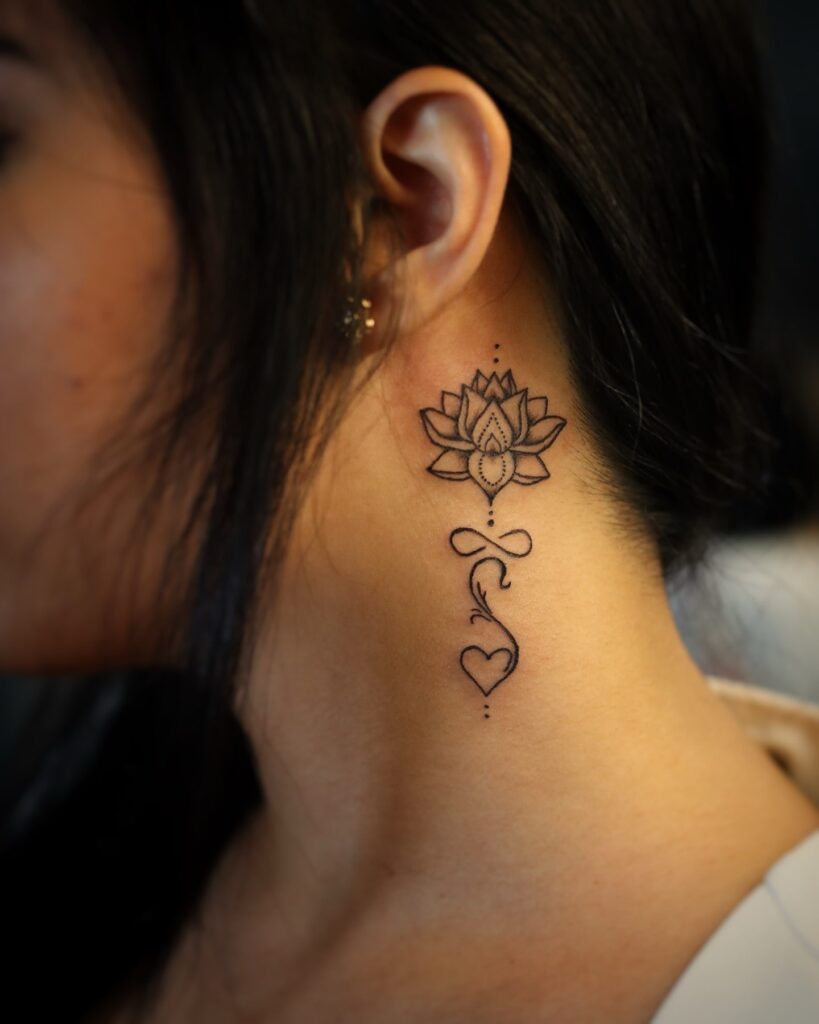 Elegant Lotus Flower and Infinity Symbol Neck Tattoo Spiritual and Feminine