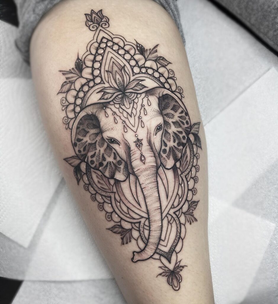 Elephant Head Mandala Tattoo, an Eye-Catching Calf Design: Mandala Majesty 