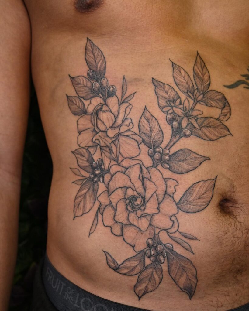 Exquisite coffee and gardenia plant tattoo designs on side stomach