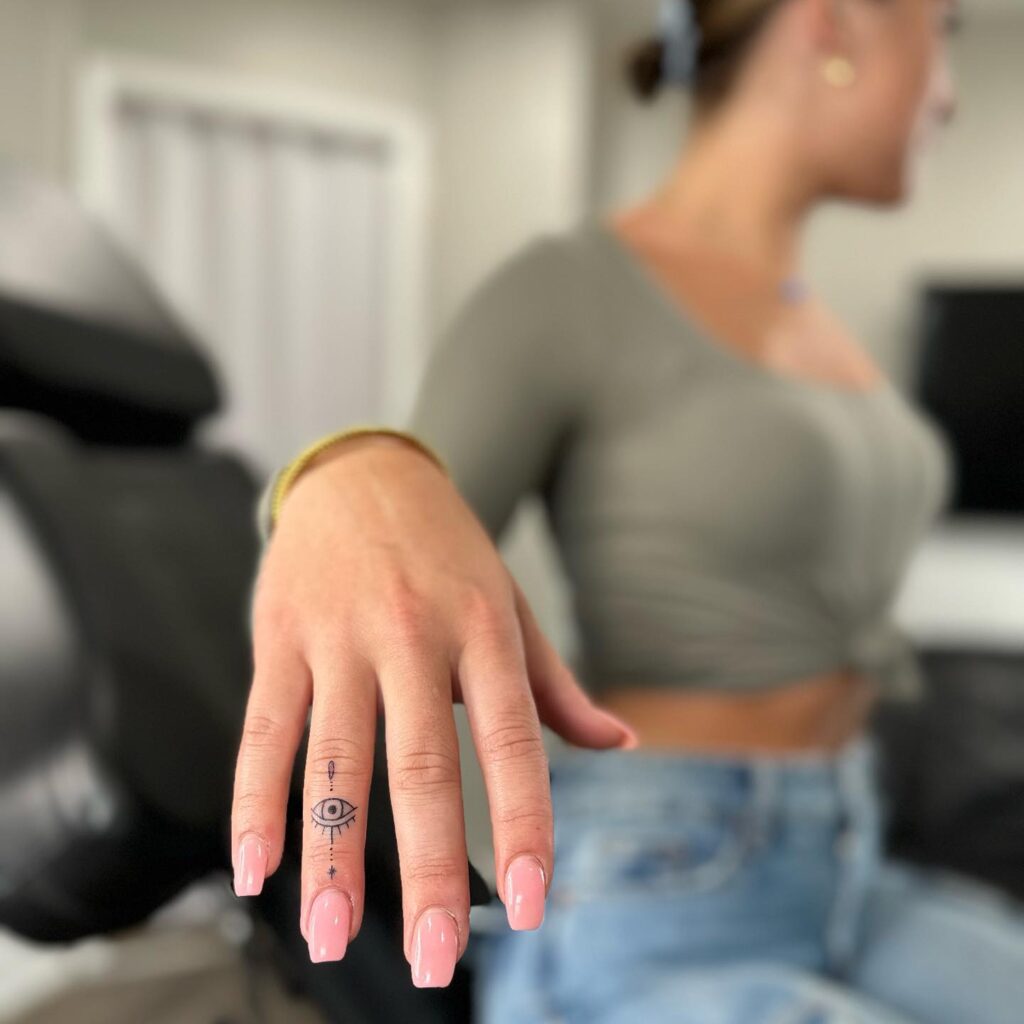Eye Tattoo on the Ring Finger Symbolizing Insight and Watchful Presence Gaze of Protection