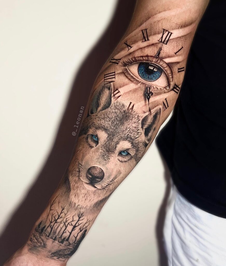 Eyes of the wild stunning blue-eyed wolf and clock forearm tattoo artistry