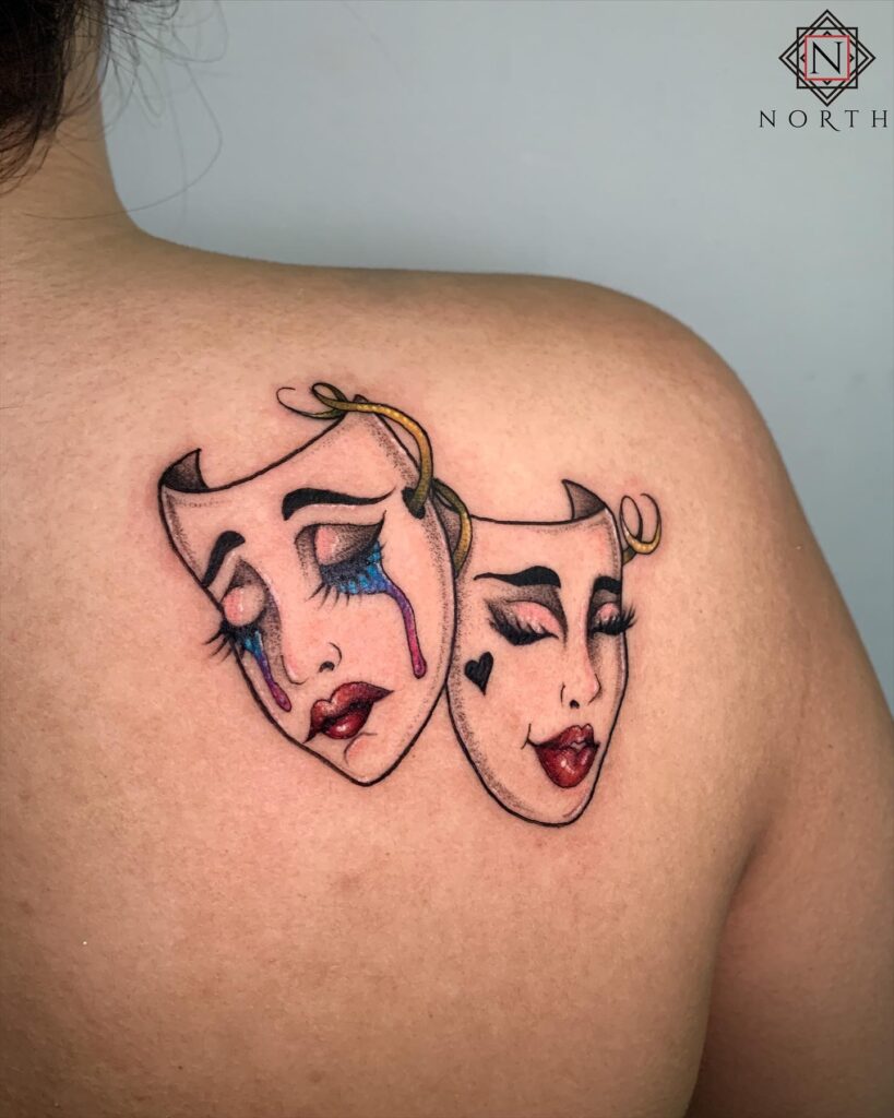 Female Smile Now Cry Later Mask Tattoo Design For Behind The Shoulder