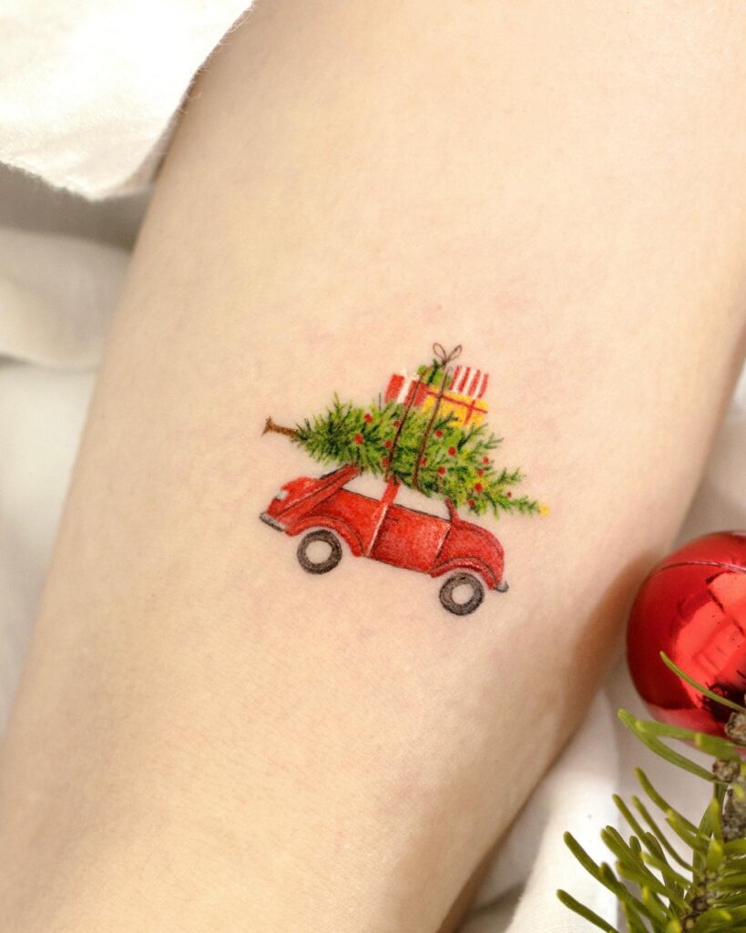 Festive Red Vintage Car Tattoo Carrying a Christmas Tree and Presents – Car Tattoo Ideas