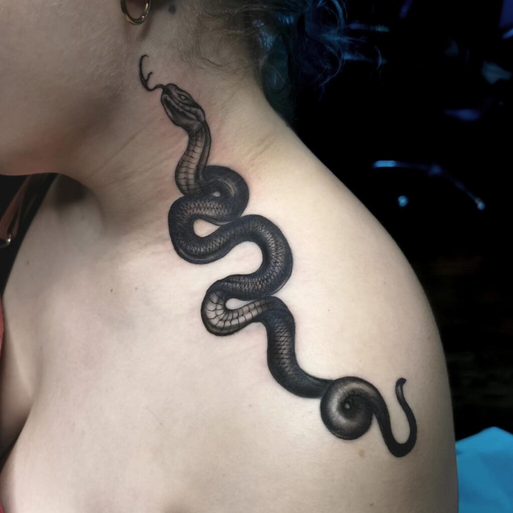 Fine Line Snake Side Neck Tattoo