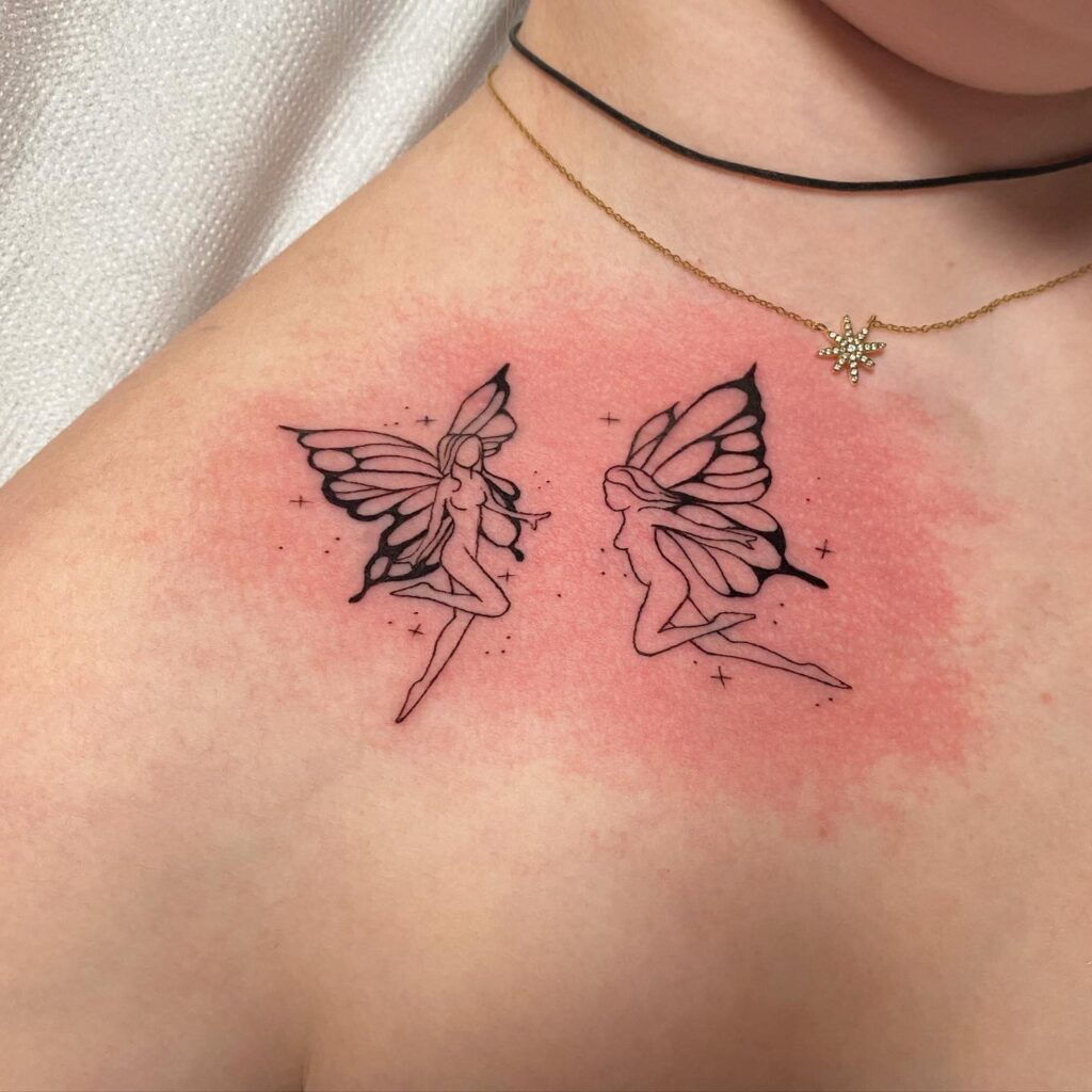 Fine line collarbone tattoo on the right side for a whimsical aura ethereal fairies