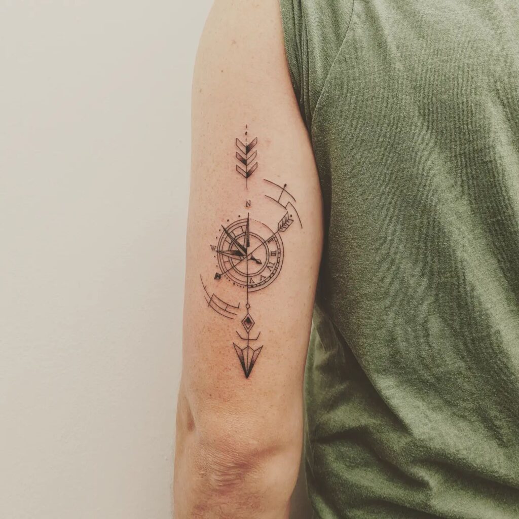 Fine line compass tattoo gracefully placed on the back of the arm: Arm adventure
