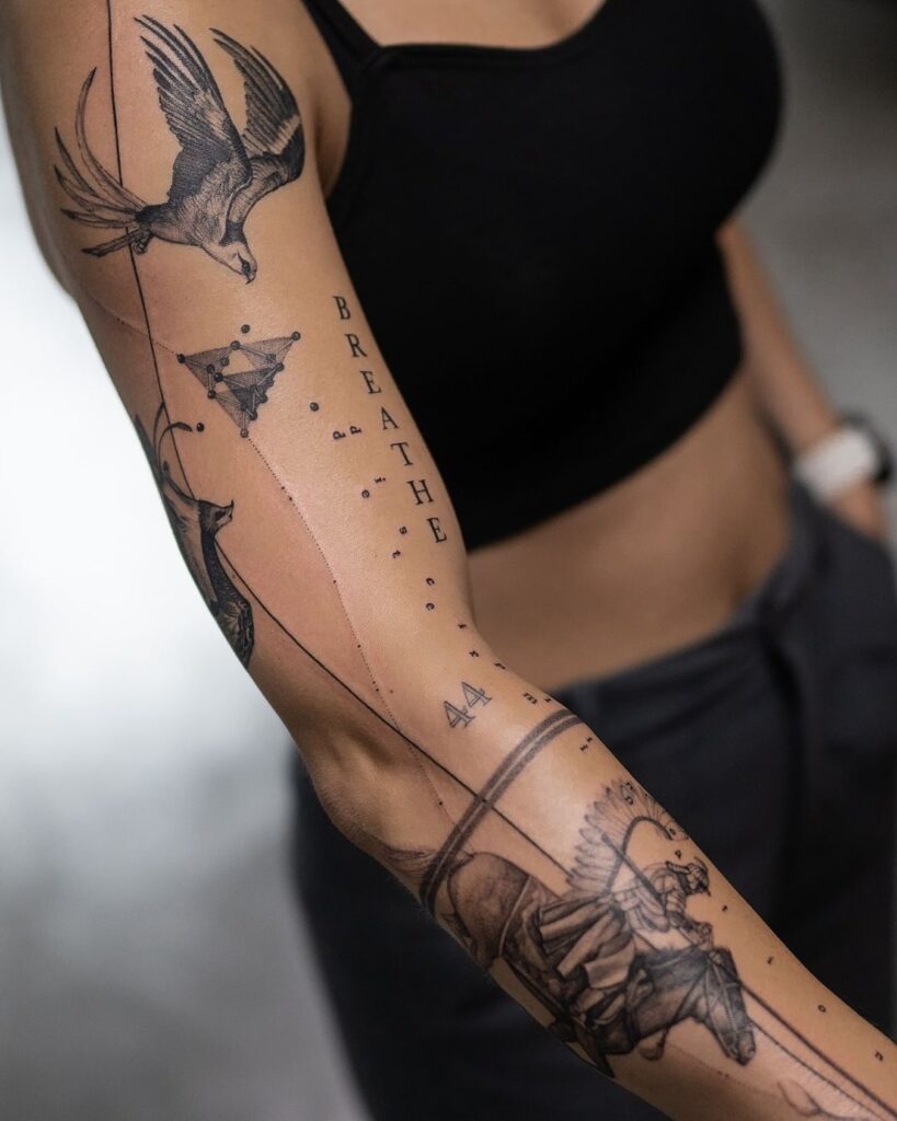 Fine-line tattoo sleeve with bird, constellation, and warrior