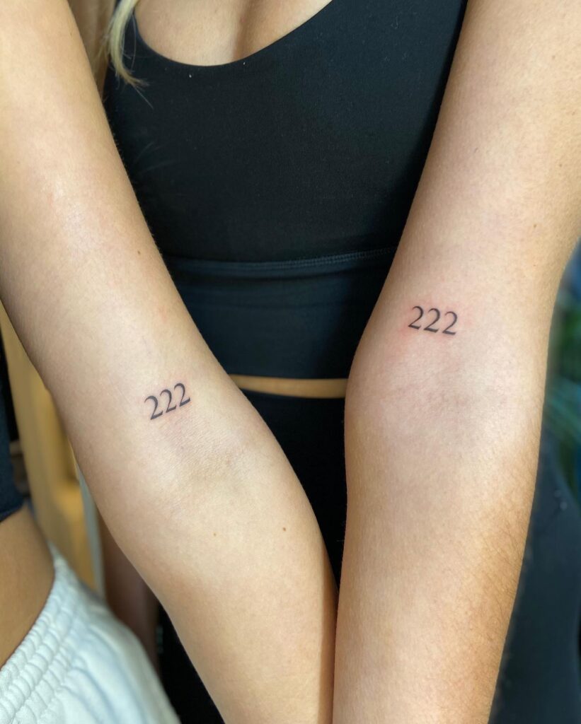 Fineline '222' Text Lettering Tattoo on Both Hands Above the Elbow for Girls, a Delicate Mirror: Symmetry Unleashed 