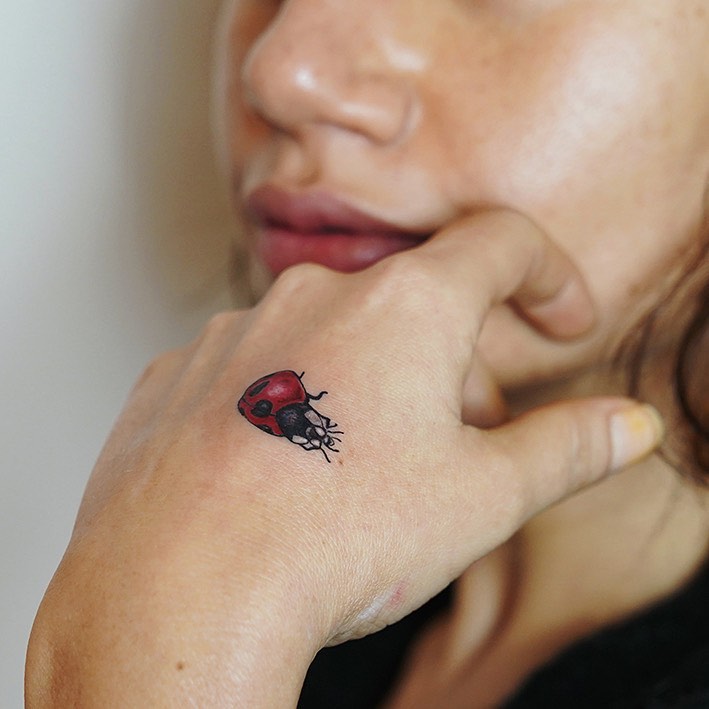 Fineline and Realistic Ladybug Tattoo Design on Hand Artistic Beauty