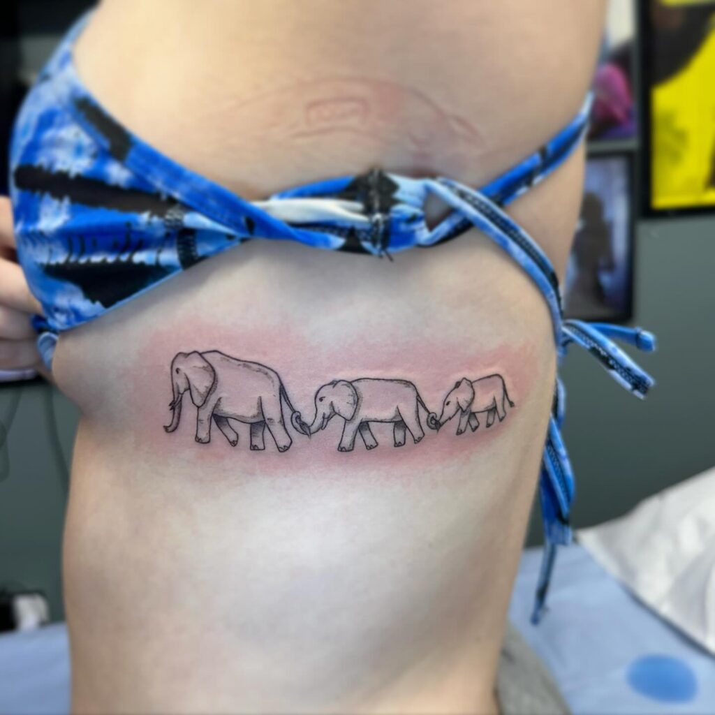 Fineline elephant family tattoo on the rib for elegant females: family bonds illustrated