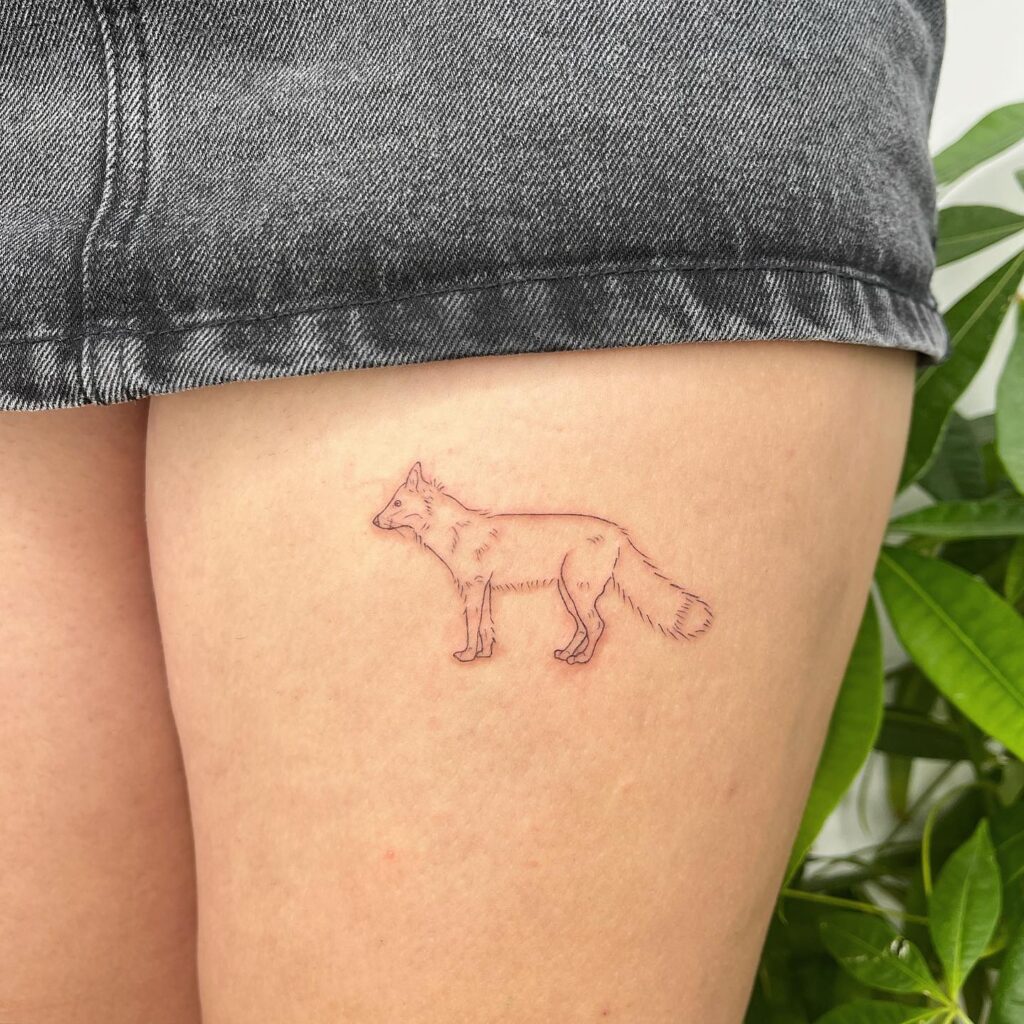 Fineline Fox Side View Small Tattoo on the Thigh: Delicate Lines