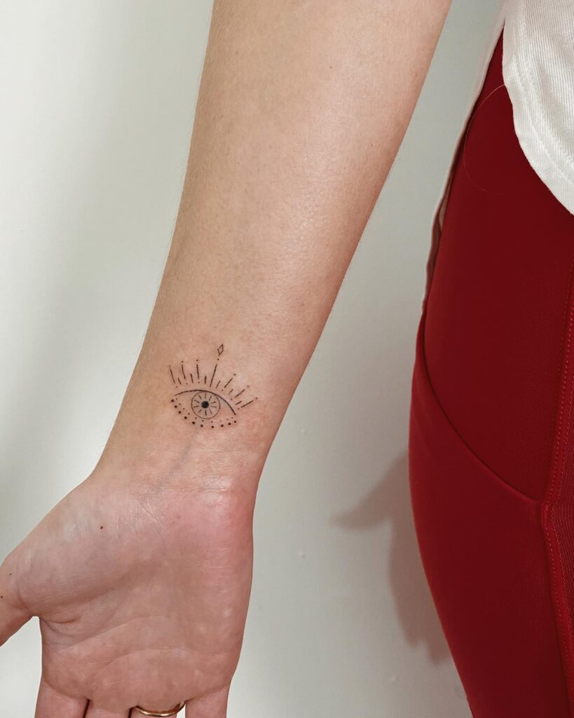 Fineline Mini Eye Tattoo on Inner Wrist in Black and Grey: Little Stare