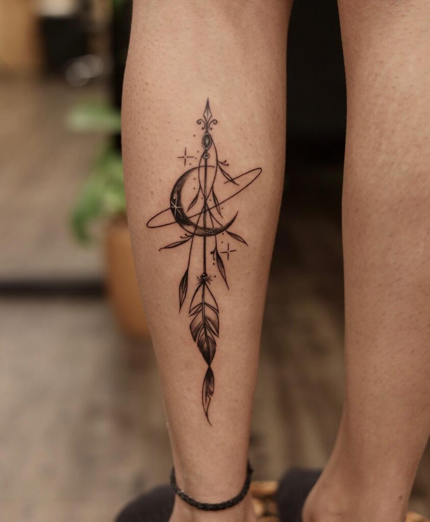Fineline Moon with Feather Tattoo, Adorning the Calf: Lunar Light 