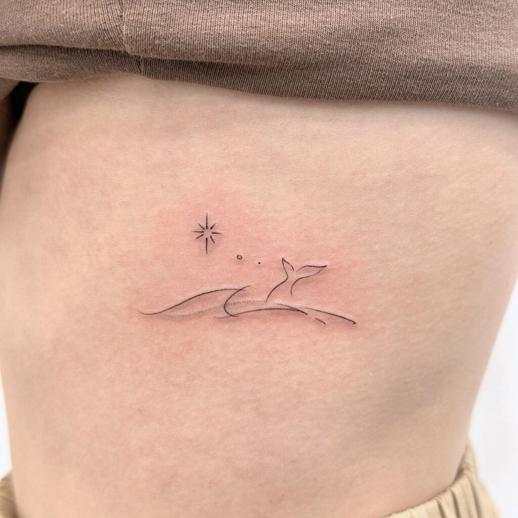 Fineline side stomach sun and ocean tattoo coastal vibes