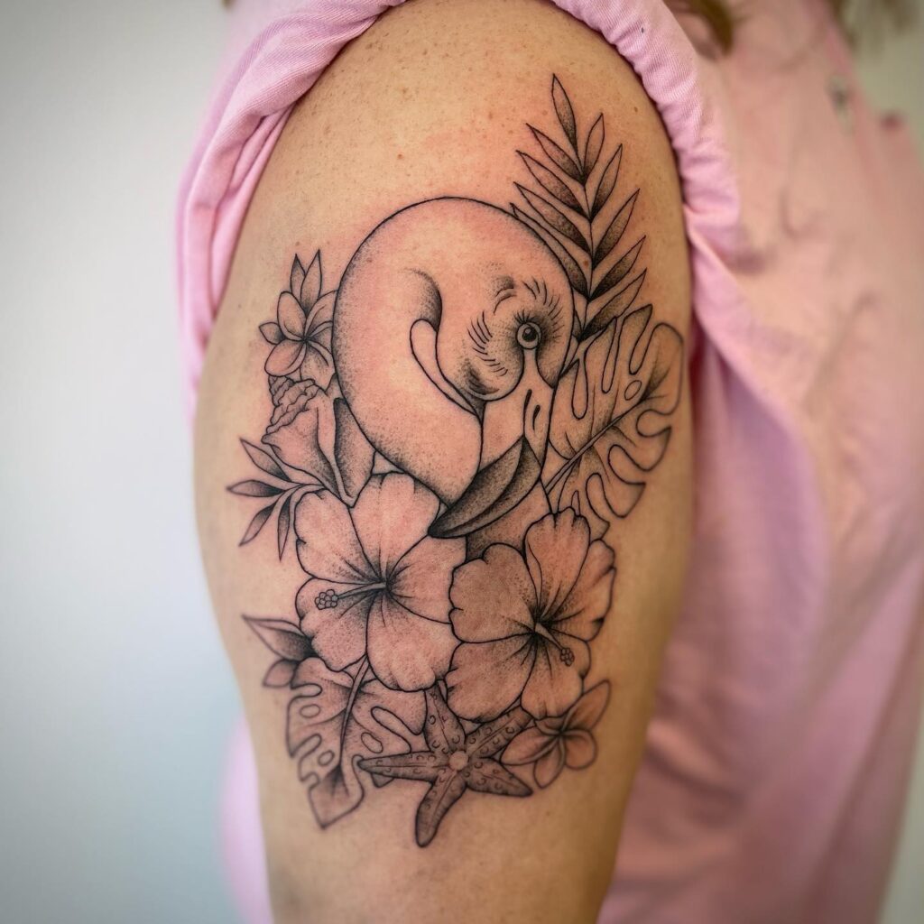 Flamingo Tattoo Ideas with Flower Half Sleeve: Tropical and Colorful Ink Inspiration