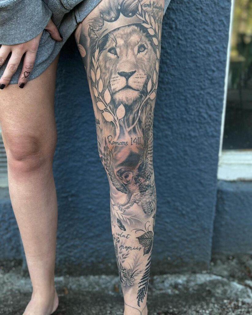Flora and fauna full leg covered tattoo design for women