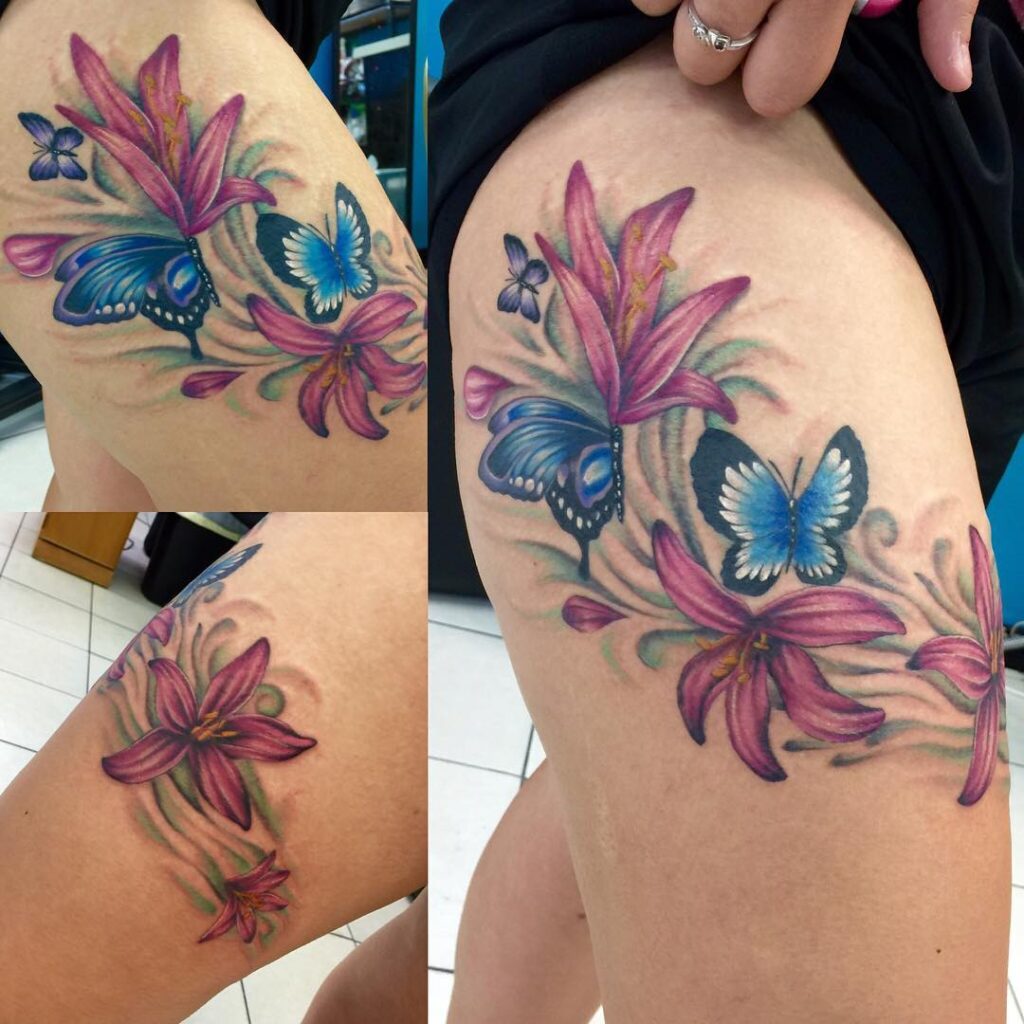Floral Butterfly Tattoos on the Thigh for Female