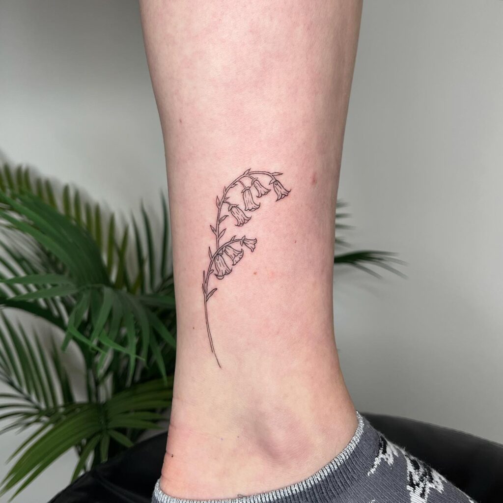 Floral Line Art Bluebell Tattoo on Leg