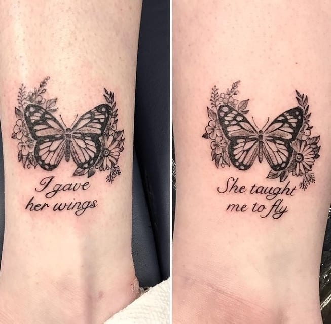 Floral butterfly tattoo with inspirational mother-daughter quote