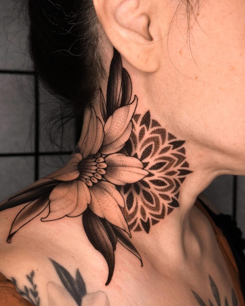 Floral Mandala Neck Tattoo Blend of Realism and Geometric Artistry