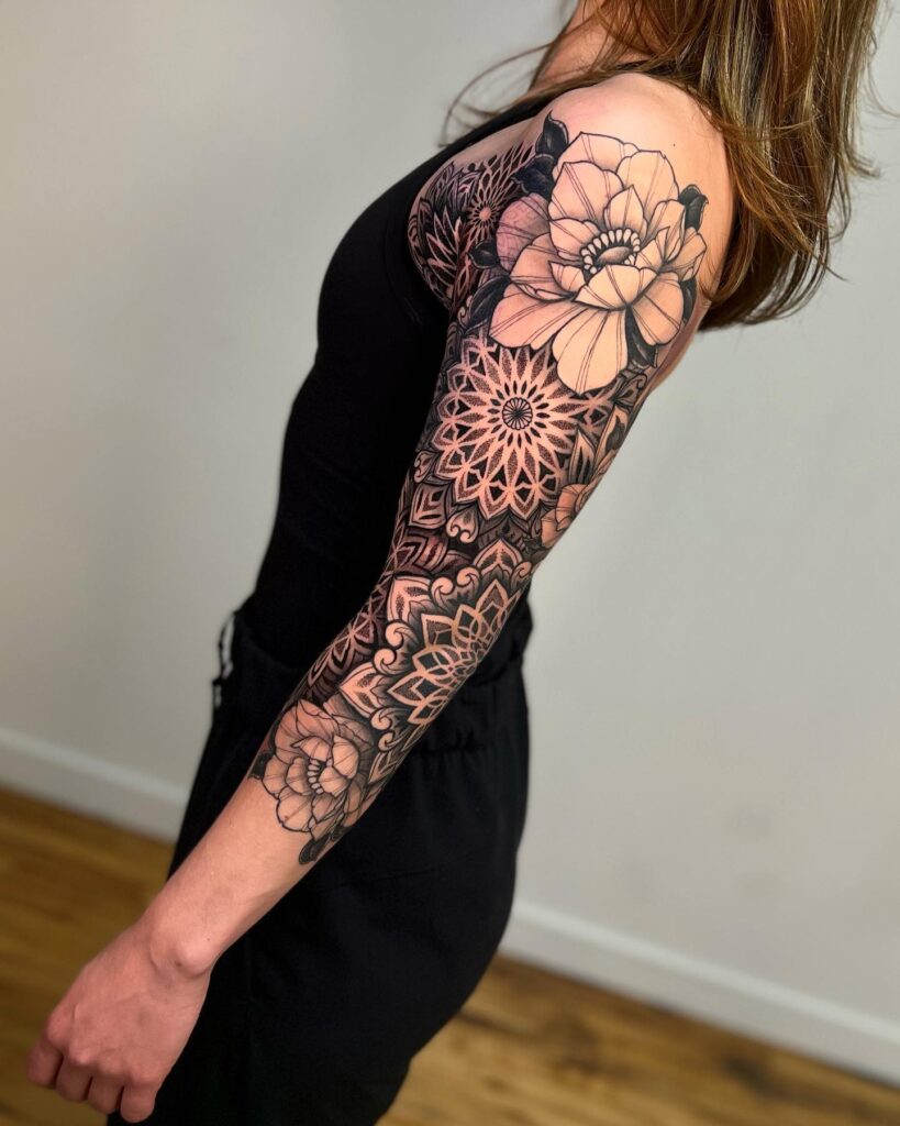 Floral mandala sleeve artistic tattoo design for the arm