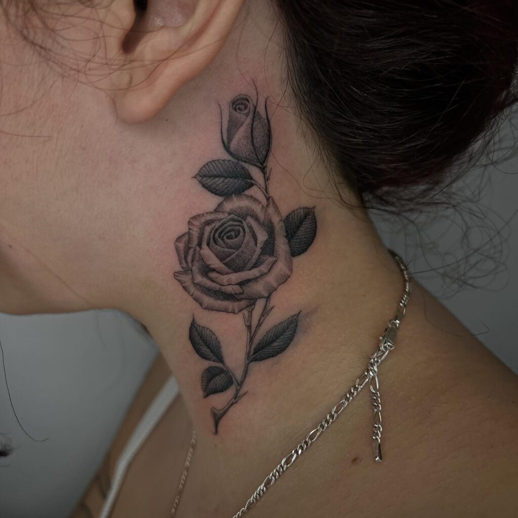 Floral realism realistic rose tattoo on the side neck for females