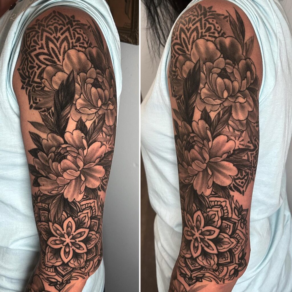 Floral symphony full sleeve female tattoo with flower mandala
