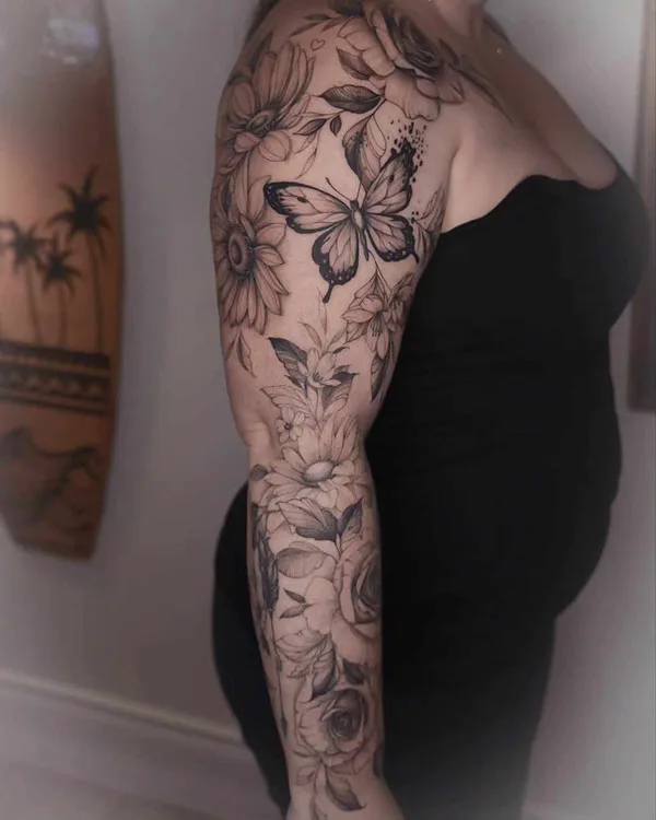 Flower and Butterfly Sleeve Tattoo 2