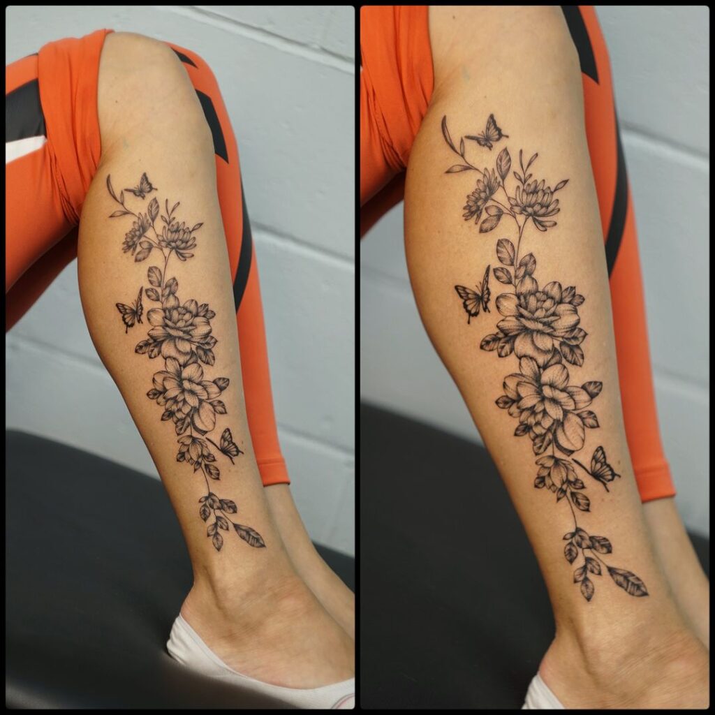 Flower and butterfly leg tattoo design