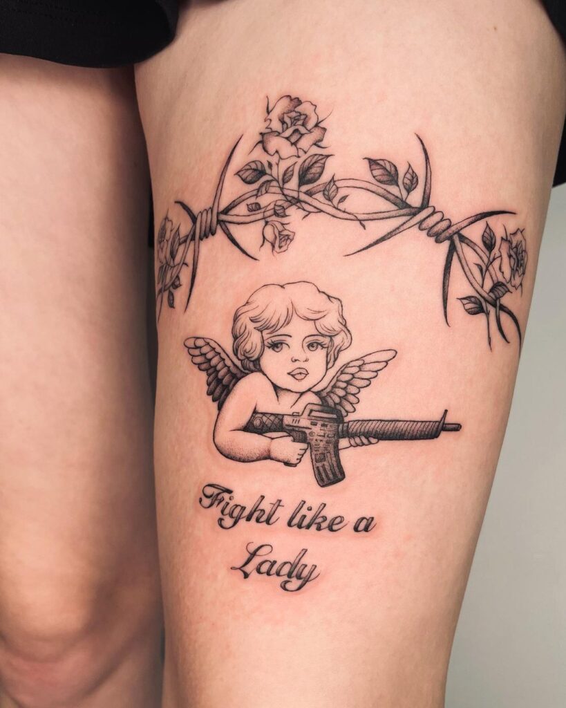 Flower crown angel with gun tattoo with image
