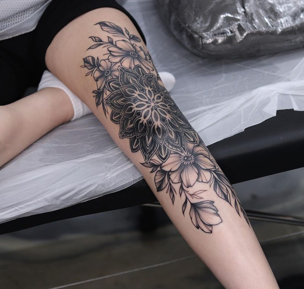 Flower & mandala blackwork tattoo knee and leg art for women