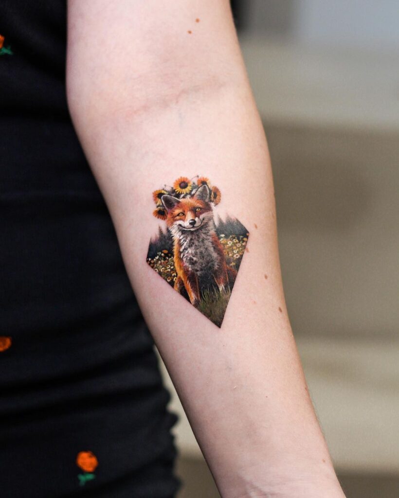 Flowers crowned fox with sunflowers on the forearm a natural beauty