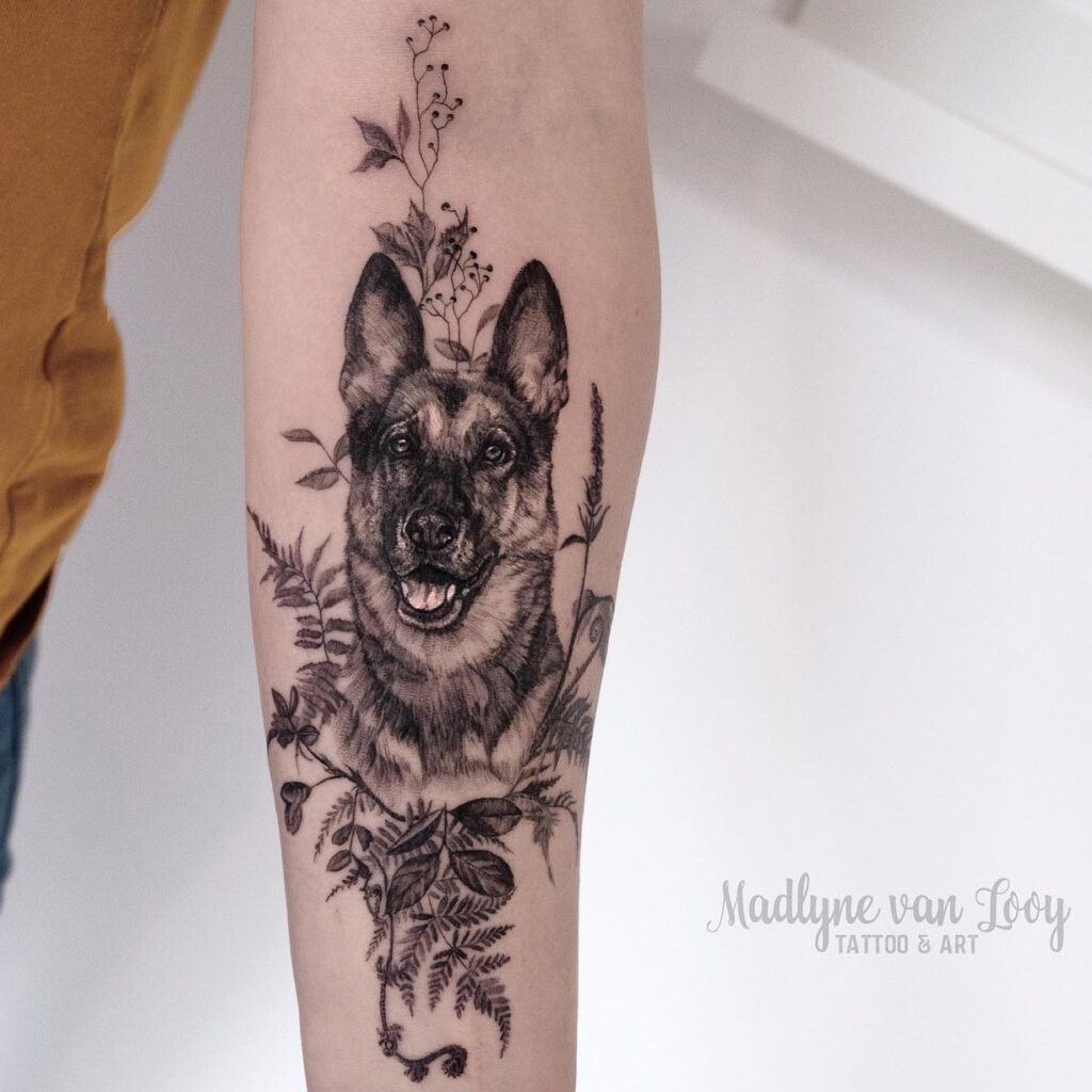 Flowery German Shepherd Tattoo Design