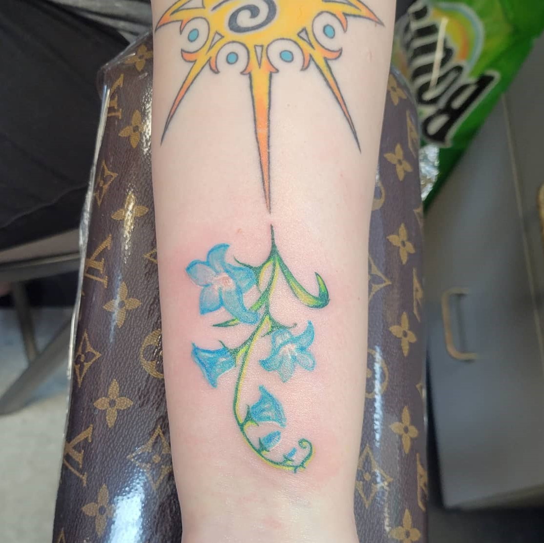 Forearm-Colored & Minimalist Small Bluebell Tattoo Design