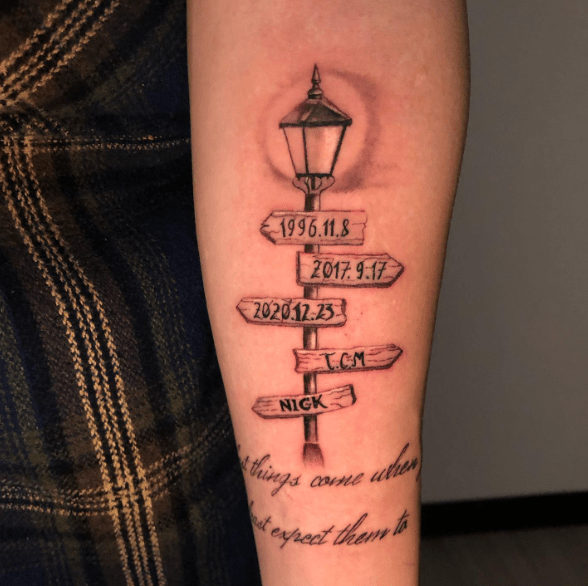 Forearm Night Street Sign Dates Tattoos