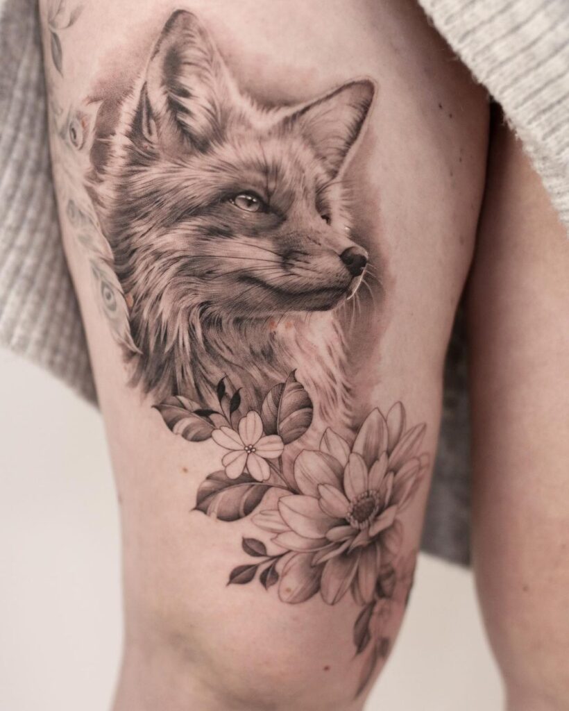 Fox and flowers thigh tattoo feminine beauty and nature's elegance