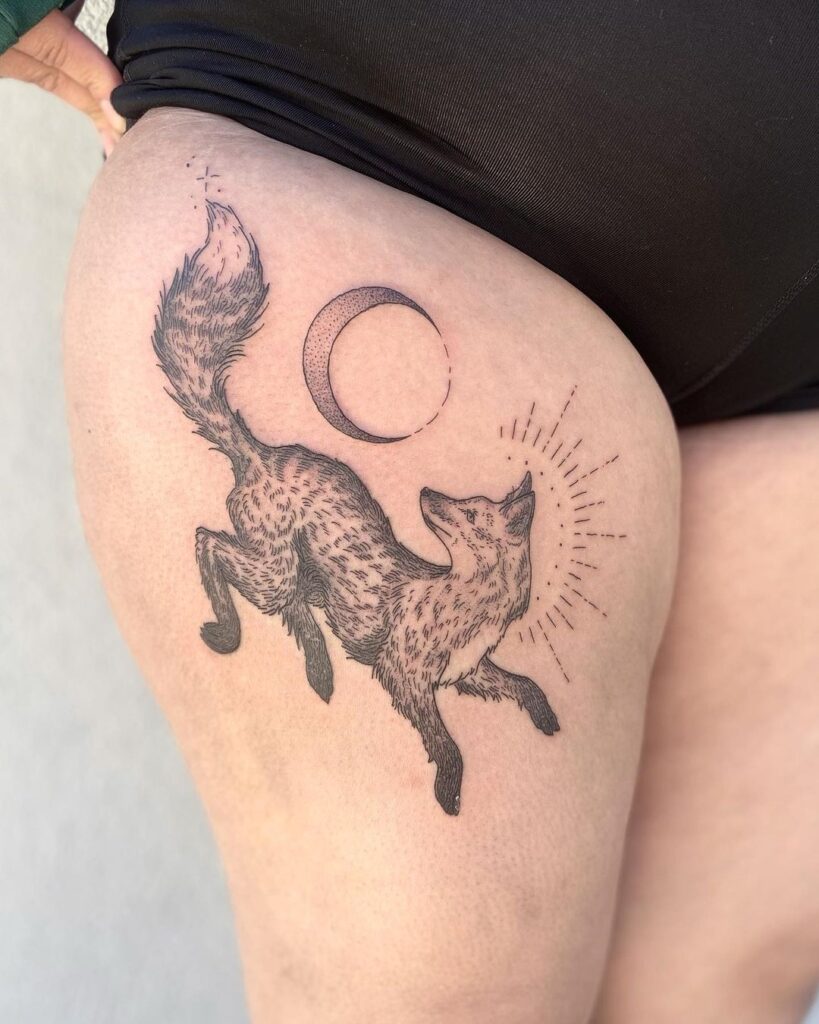 Fox and moon thigh tattoo nighttime reverie with a sly observer