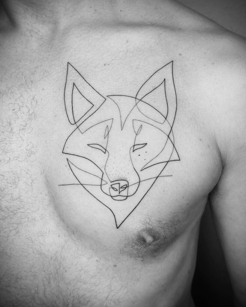 Fox Face Outline Tattoo for Men with Sleek Lines: Chest Commander