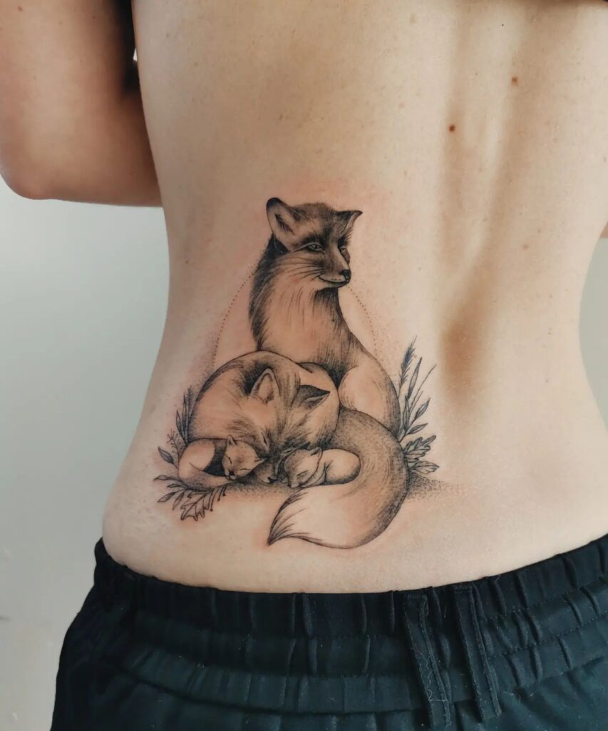 Fox Family Tattoo on the Side of the Lower Back, Expertly Shaded: Family Bonds