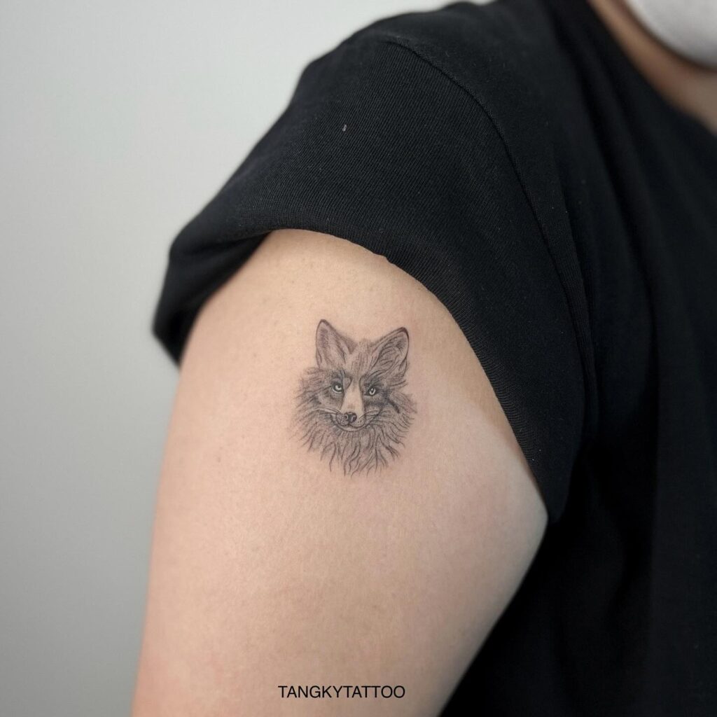 Fox Portrait Finline Tattoo on the Upper Arm, a Small Masterpiece: Micro Realism