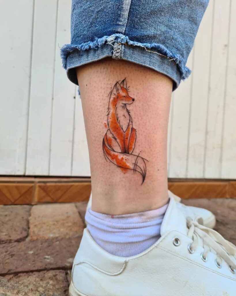 Fox Sitting Above the Ankle, Eyes Closing, and Long Tail in Color: Watercolor Whimsy