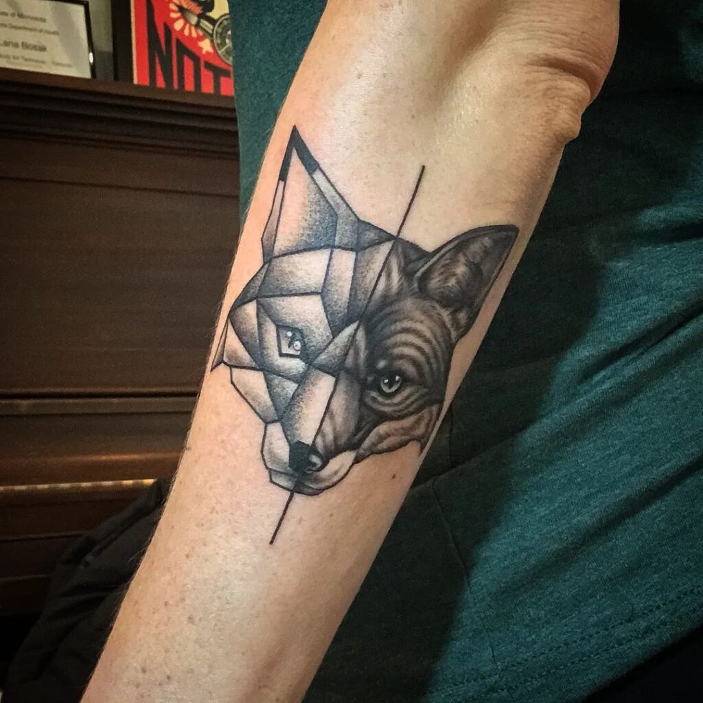 Fox Tattoo on the Outer Forearm with a Middle Streetline Divider: Geometric Elegance