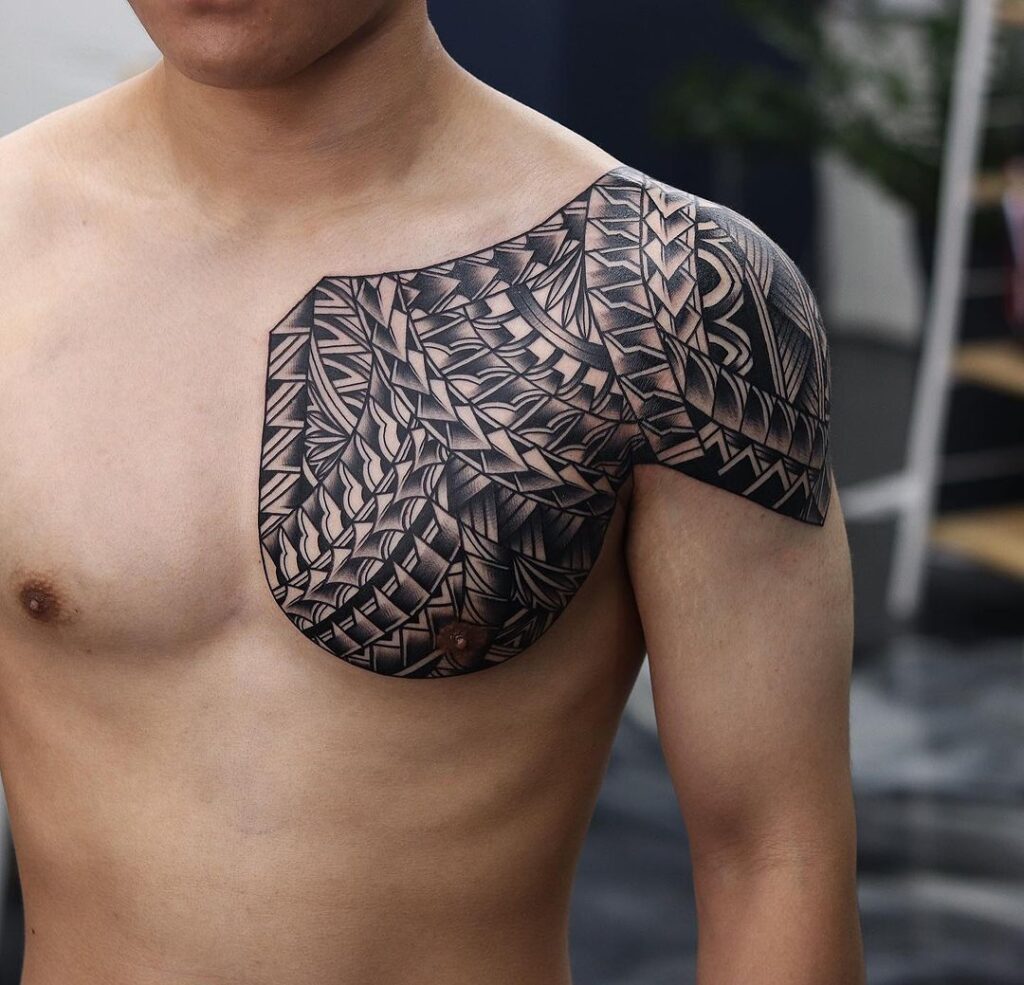 Freehand polynesian blackwork tattoo chest art for men